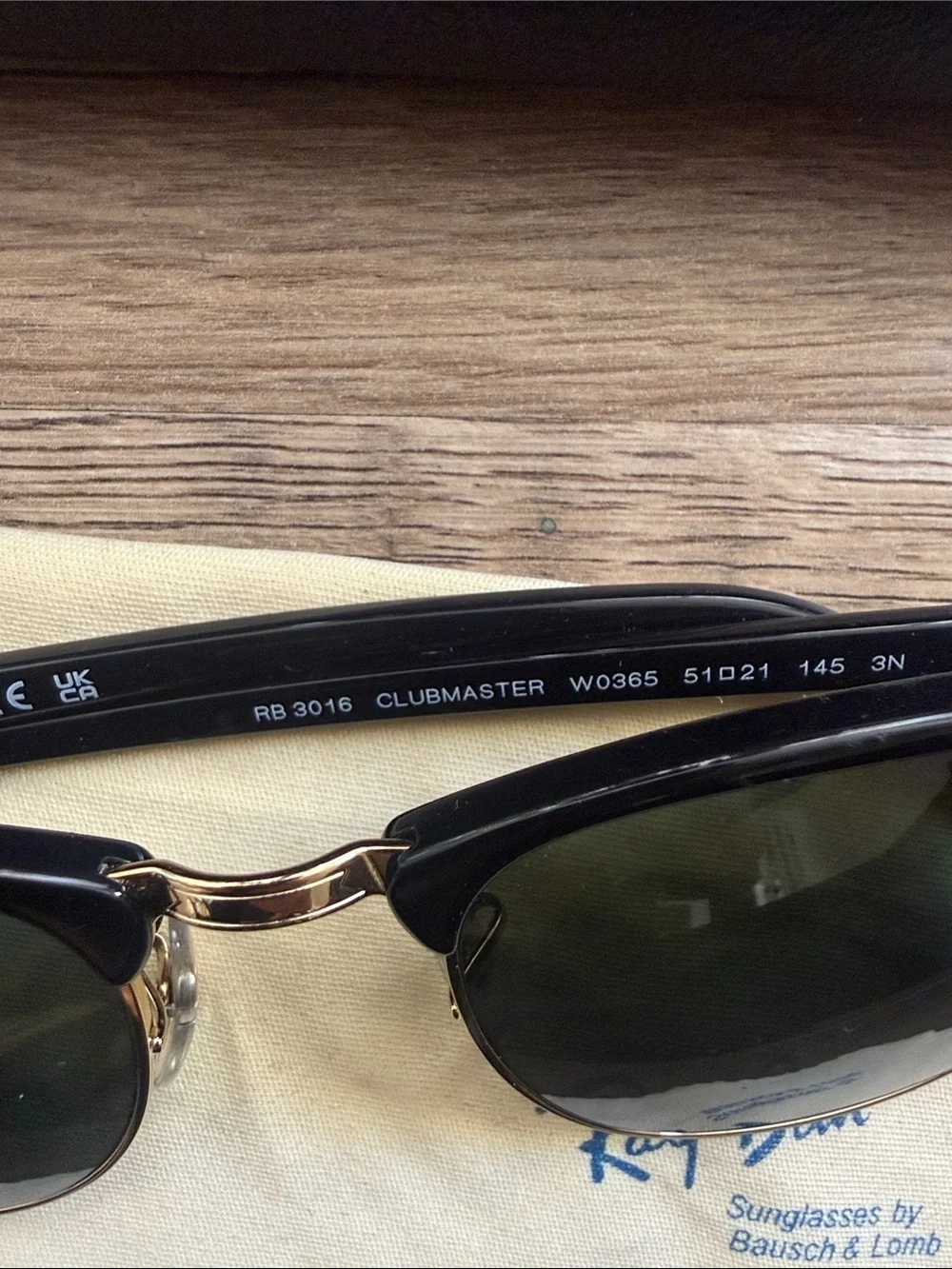 Ray-Ban Black and Gold Clubmaster Sunglasses with Green Lenses